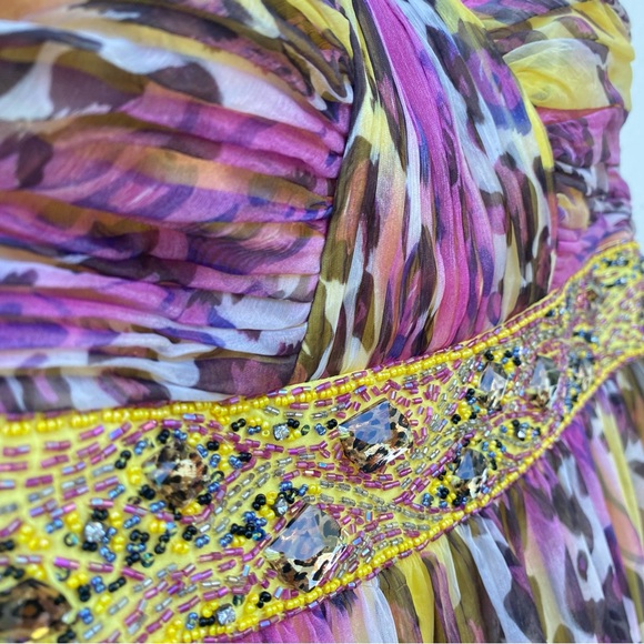 Y2K Camille La Vie Pink & Yellow Leopard Beaded Gown Size 14 - Picture 2 of 9